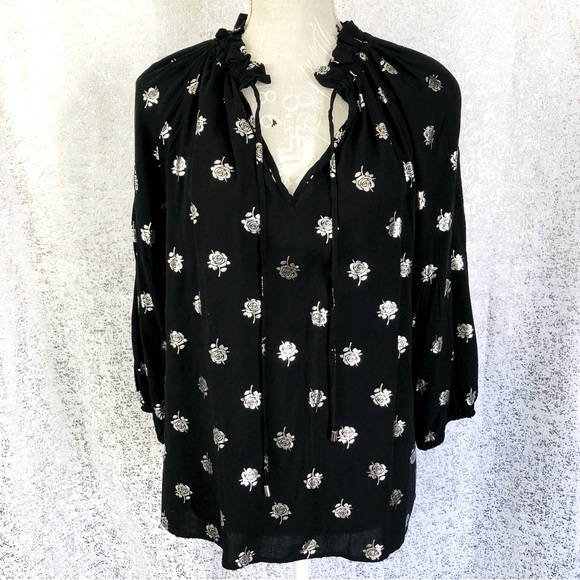 NWT HARVE BENARD Black & Silver Metallic Roses Tie Collar Blouse M - Picture 7 of 13